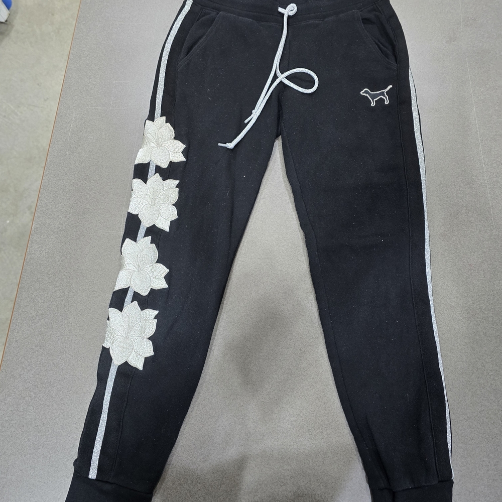 🐕 Victoria's Secret Black Joggers with White Floral Embroidery